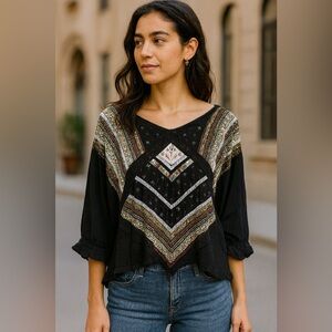 Free People Boho Embroidered Black Peasant Blouse Small NWT